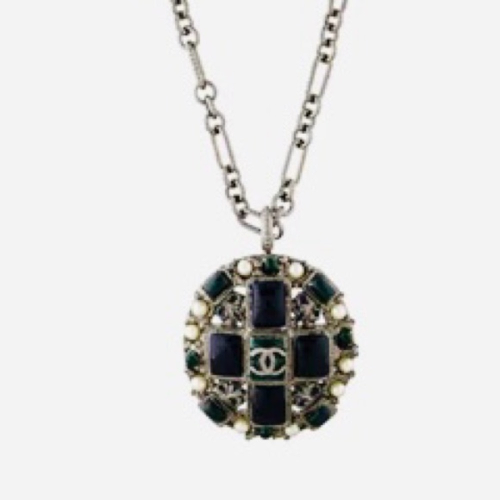 SOLD. Chanel Enamel & Faux Pearl CC Logo Pendant Necklace